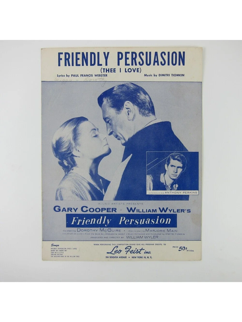 Sheet Music Friendly Persuasion Thee I Love Gary Cooper Dorothy McGuire 1956